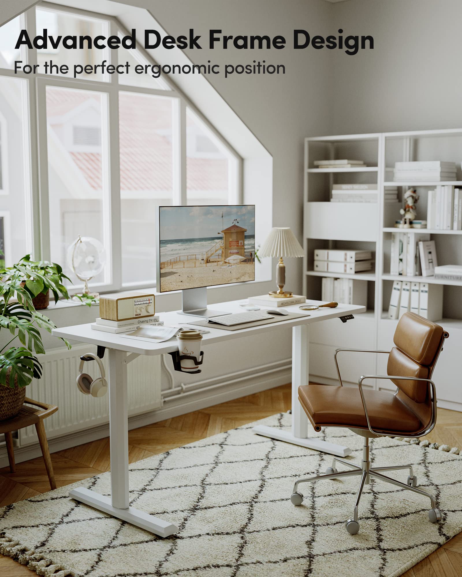 FEZIBO Electric Standing Desk 55 x 24 Inches - Height Adjustable Sit Stand Desk with Splice Board, White Home Office Desk for Work from Home & Study | Ergonomic Workspace Solution for Small Spaces