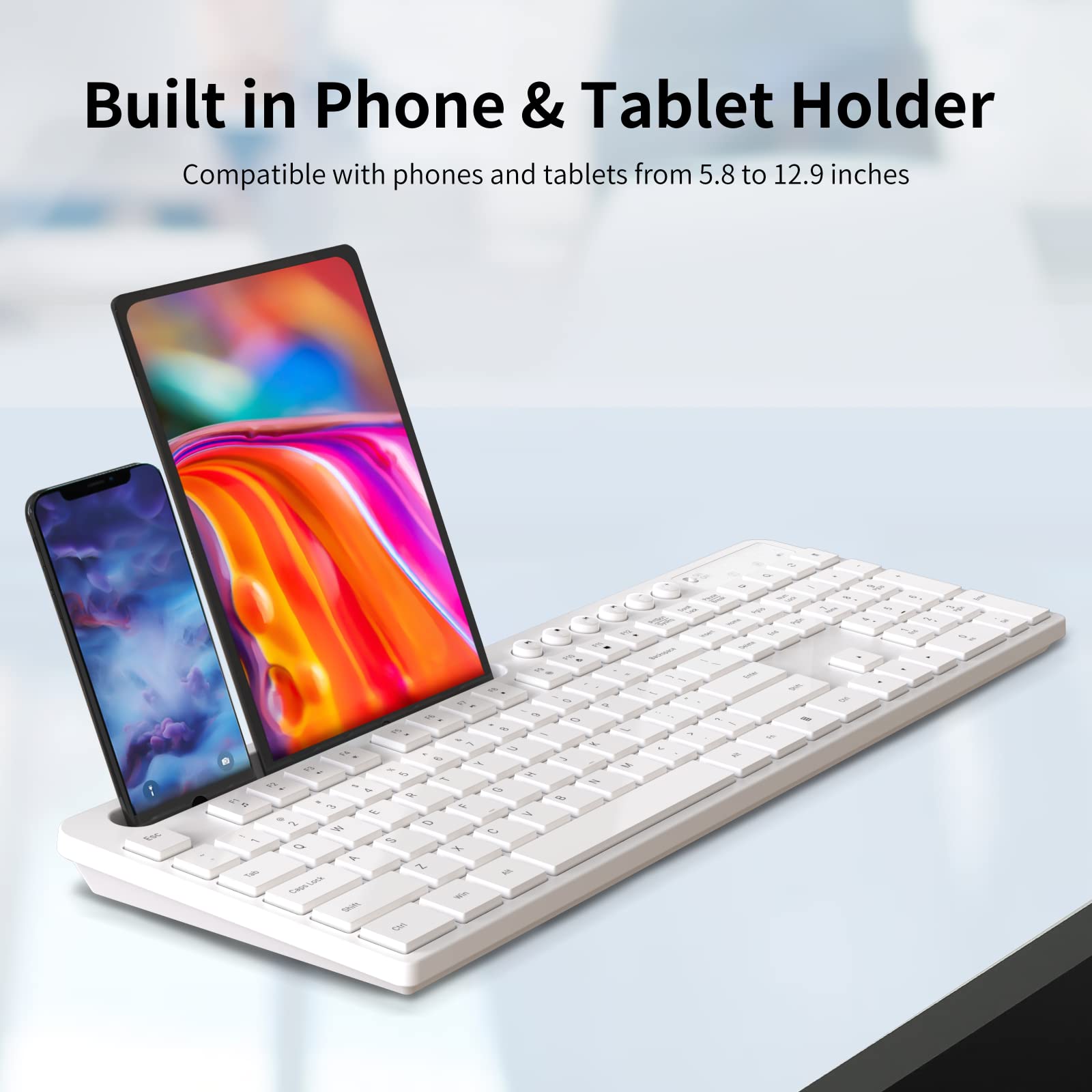 MARVO 2.4G Wireless Keyboard and Mouse Combo - Ergonomic Design with Silent 6-Button Mouse & Phone/Tablet Holder - Compatible with MacBook & Windows PC (White) - Perfect for Office, Home & Remote Work