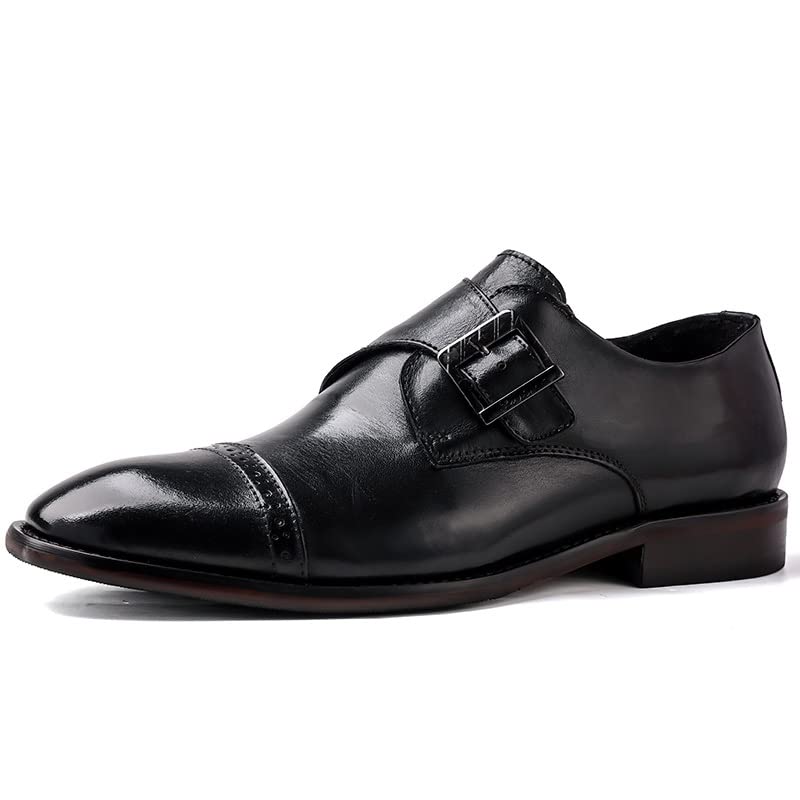 Premium Men's Leather Oxford Dress Shoes - Slip On Monk Strap with Burnished Cap Toe, Non-Slip Rubber Sole & Comfortable Block Heel | Perfect for Business, Weddings & Formal Occasions