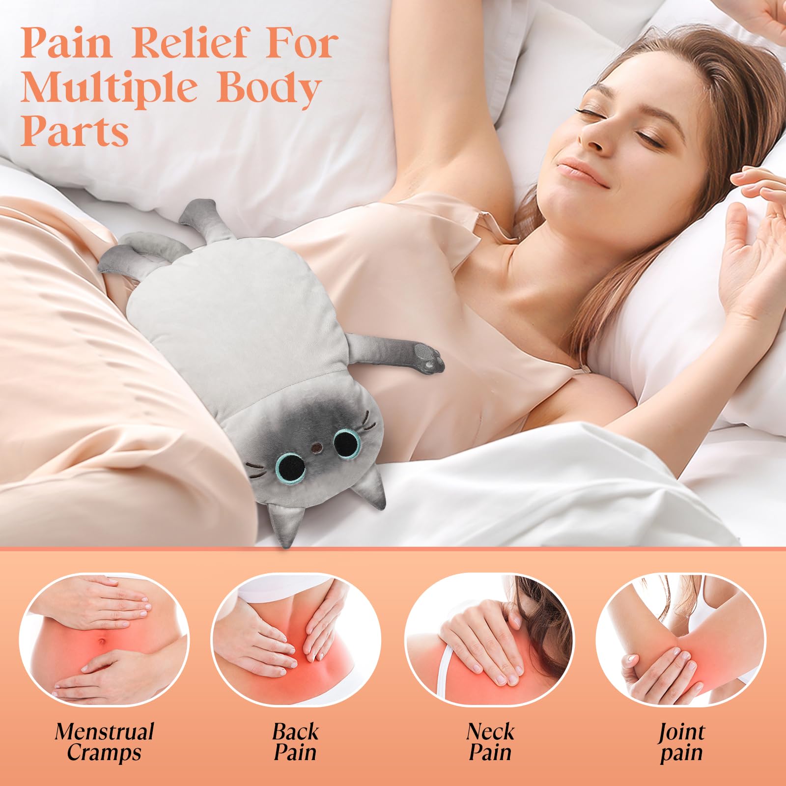 Microwavable Heating Pad for Pain Relief - 17x9 Inch Moist Heat Therapy Pad for Neck, Shoulder, Back Pain & Muscle Cramps - Reusable Hot Pack with Rice & Beans - Perfect for Home, Office & Travel Use - Small Grey Cat Design