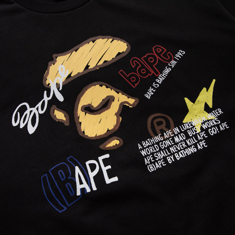 BAPE Hand-Drawn Graphic T-Shirt for Men - Black Cotton Streetwear Tee | Casual Wear, Street Fashion & Hip-Hop Style