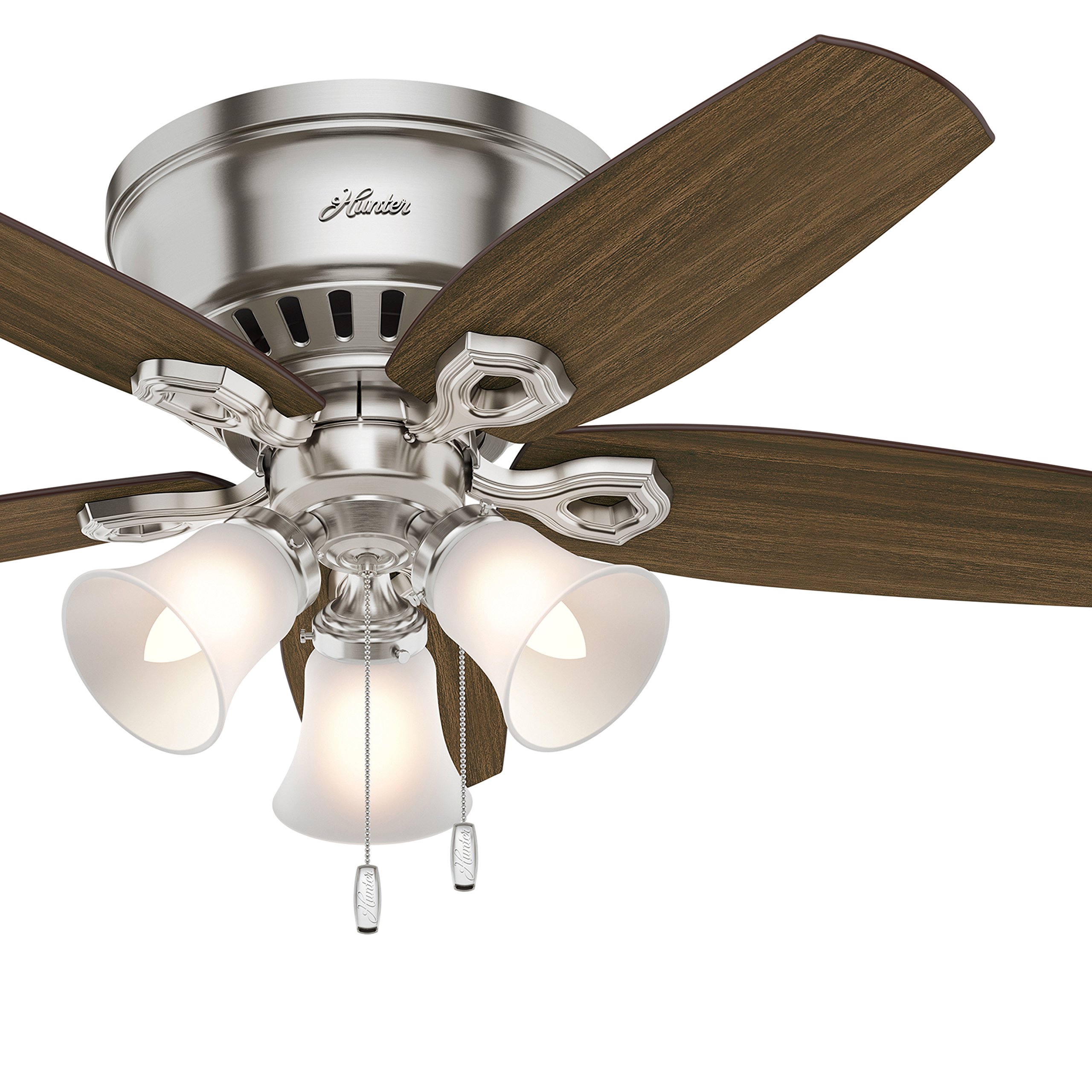 Hunter Fan 42 Inch Low Profile Traditional Ceiling Fan - New Bronze Finish with 3-Light Cased White Glass Kit | Indoor Home Cooling for Living Room, Bedroom & Office (Renewed, Brushed Nickel)