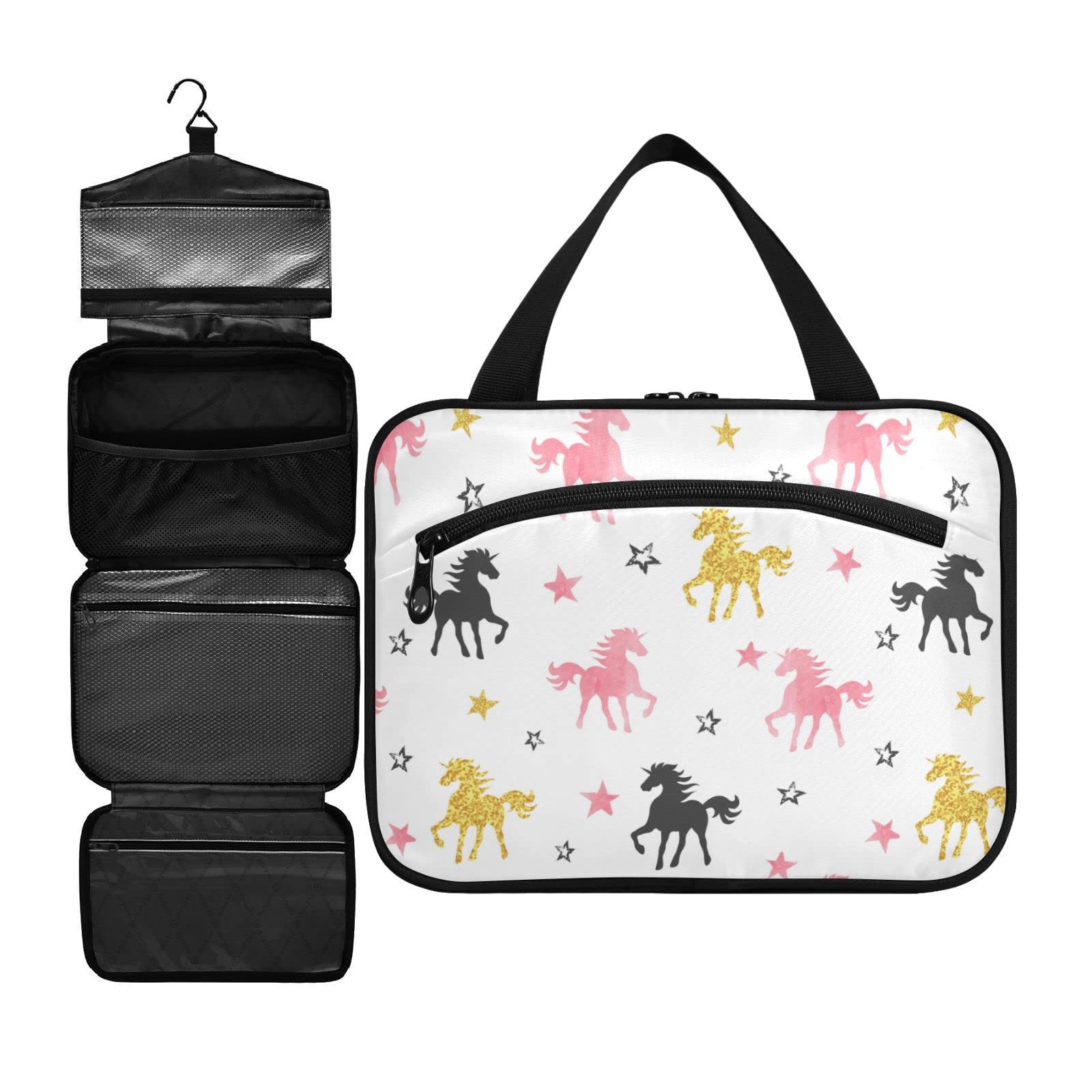 ZZKKO Unicorn Watercolor Toiletry Bag for Women - Hanging Travel Makeup Organizer with Hook, Medium Multicolor Cosmetic Bag - Perfect for Vacation, Gym & Weekend Getaways
