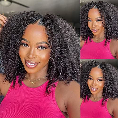 KLAIYI Kinky Curly V Part Human Hair Wig - Glueless No Leave Out U Part Wig for Black Women | 150% Density Virgin Afro Curly Clip-in Half Wig (16 Inch, Natural Color) | Perfect for Daily Wear, Parties & Protective Styling