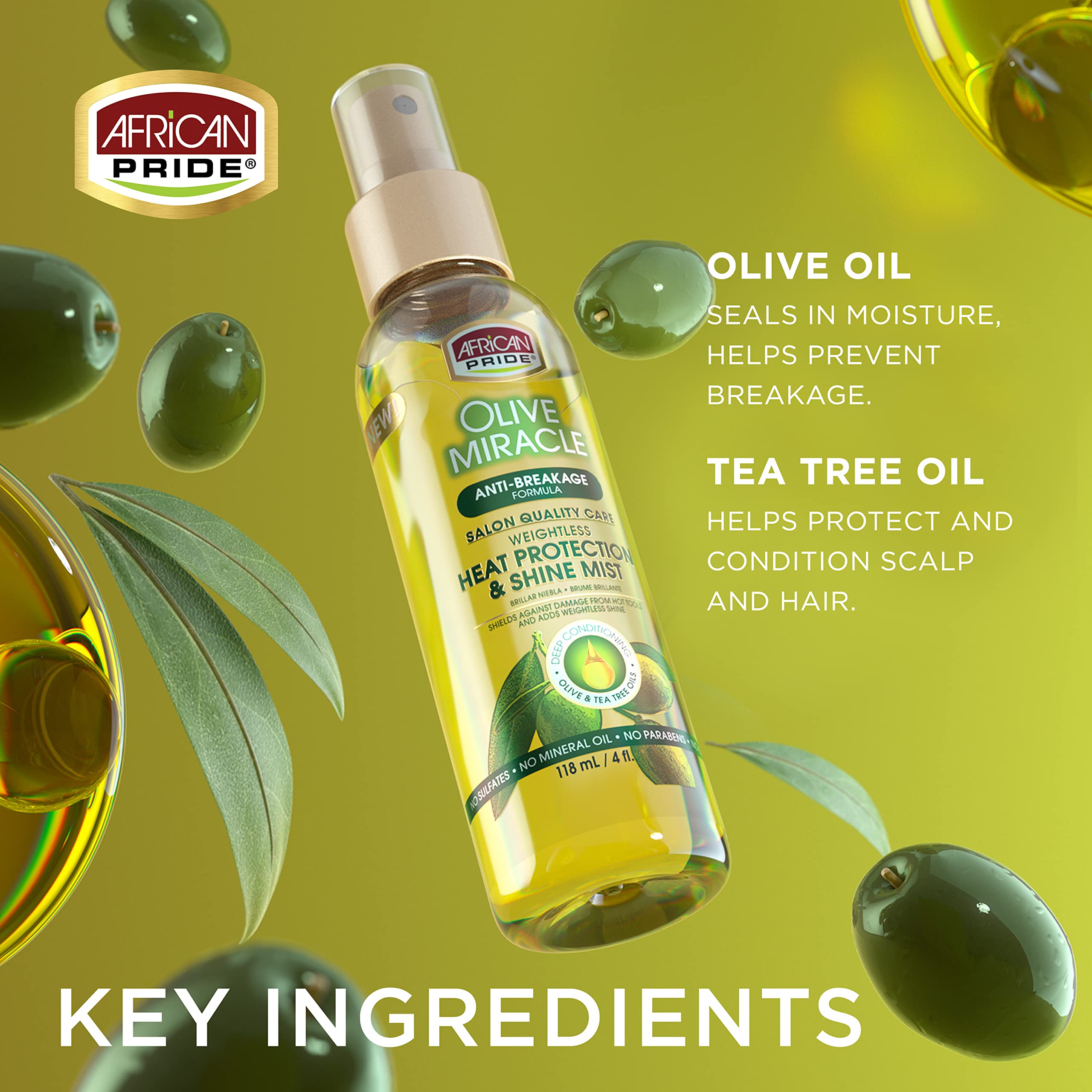 African Pride Olive Miracle Weightless Heat Protection & Hair Shine Mist - 4 oz | Humidity Control & Heat Damage Shield with Olive & Tea Tree Oils | Perfect for Styling, Blowouts & Daily Hair Care