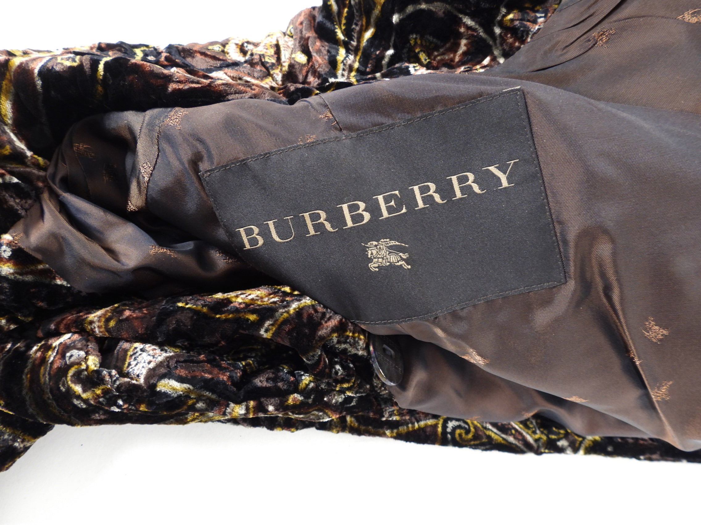 Burberry Brown Gold Crushed Velvet Paisley Coat Women's Size UK10 / US6 - Elegant Winter Outerwear for Parties & Formal Events