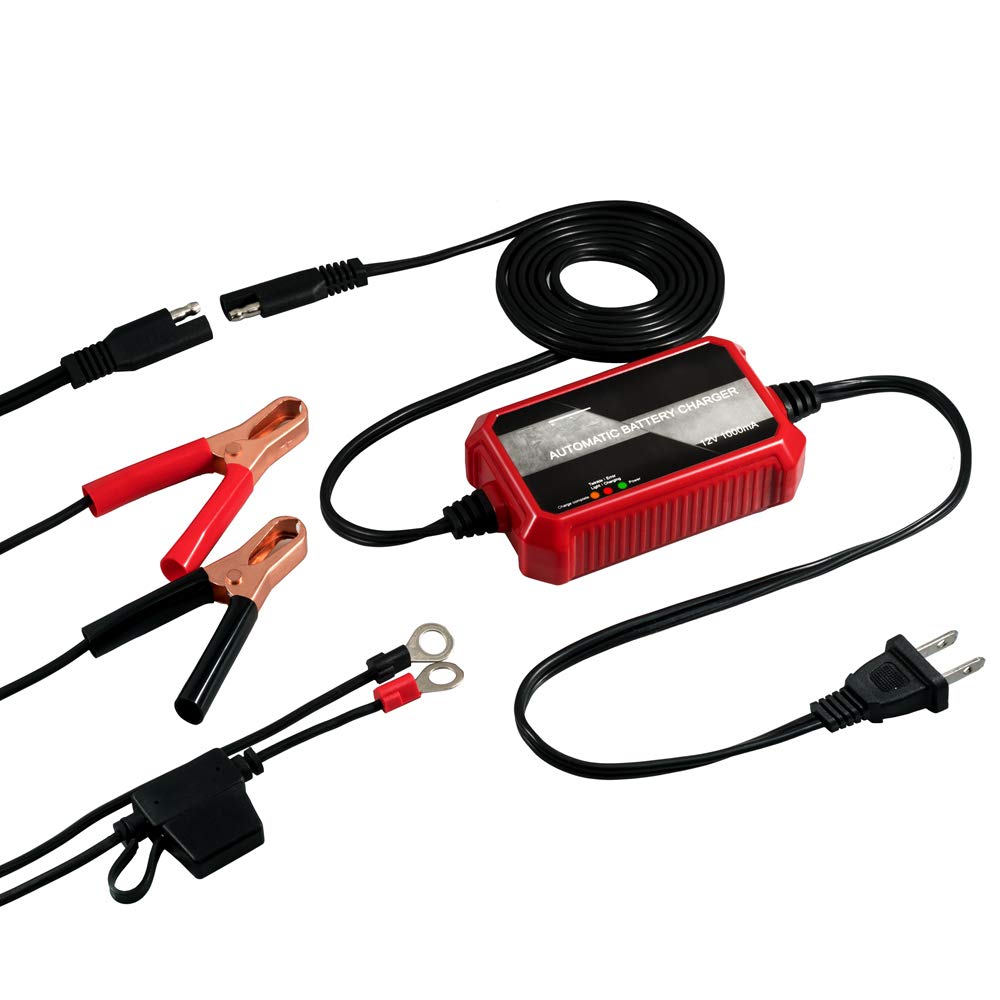 2-Pack FOVAL 12V 1000mA Smart Fully Automatic Trickle Battery Charger & Maintainer for Car, Motorcycle, Boat, ATV, Lawn Mower - Ideal for Long-Term Storage & Winter Battery Maintenance
