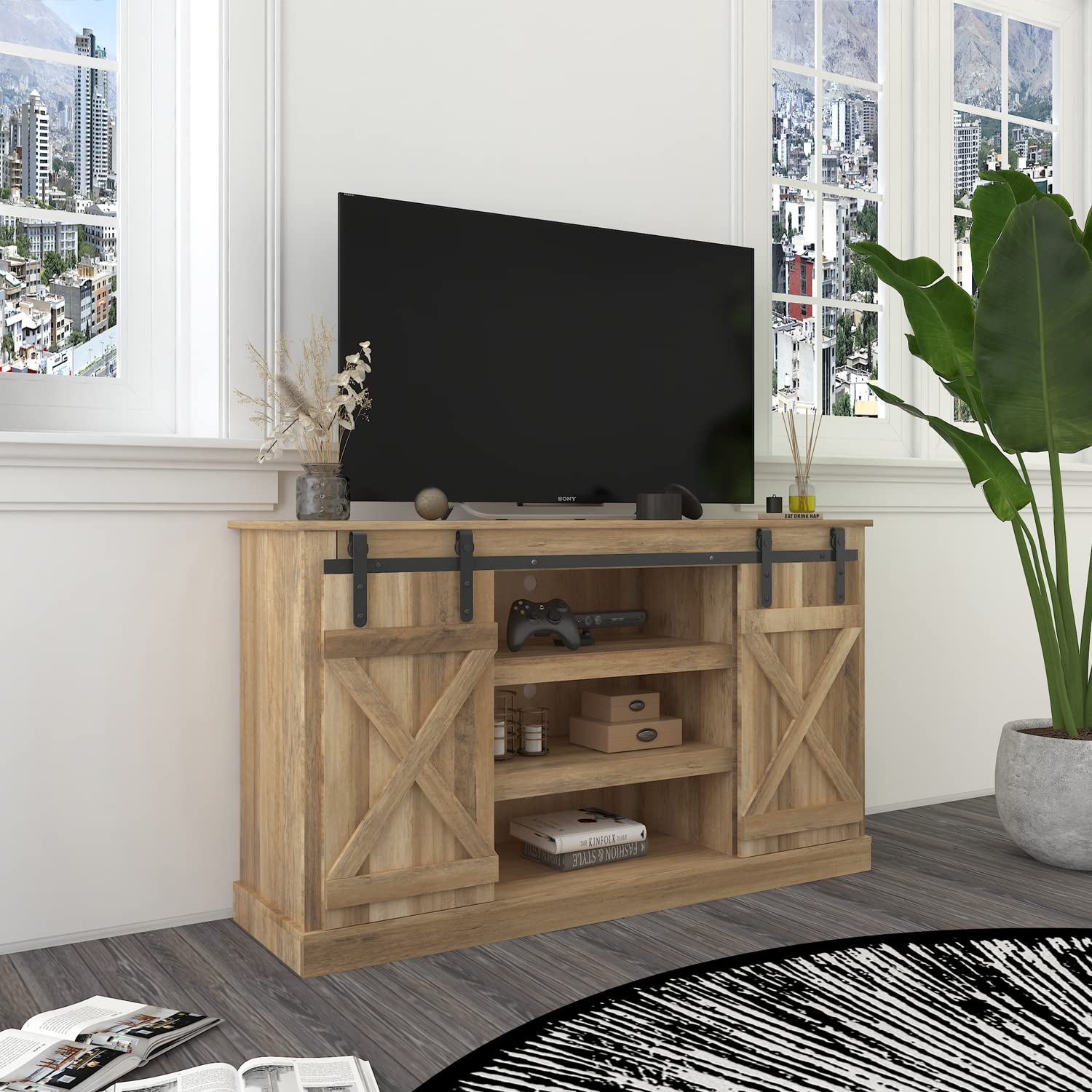 Farmhouse TV Stand with Sliding Barn Doors - Rustic Entertainment Center with Storage Cabinet & Adjustable Shelves for TVs up to 55