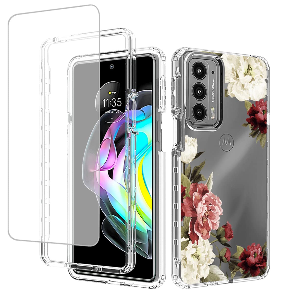 **Yodueiv Clear Floral Pattern Phone Case for Motorola Moto Edge 20 5G - Shockproof Protective Cover with Tempered Glass Screen Protector | Cute Design for Women, Girls | Perfect for Everyday Use, Travel & Gift Giving**