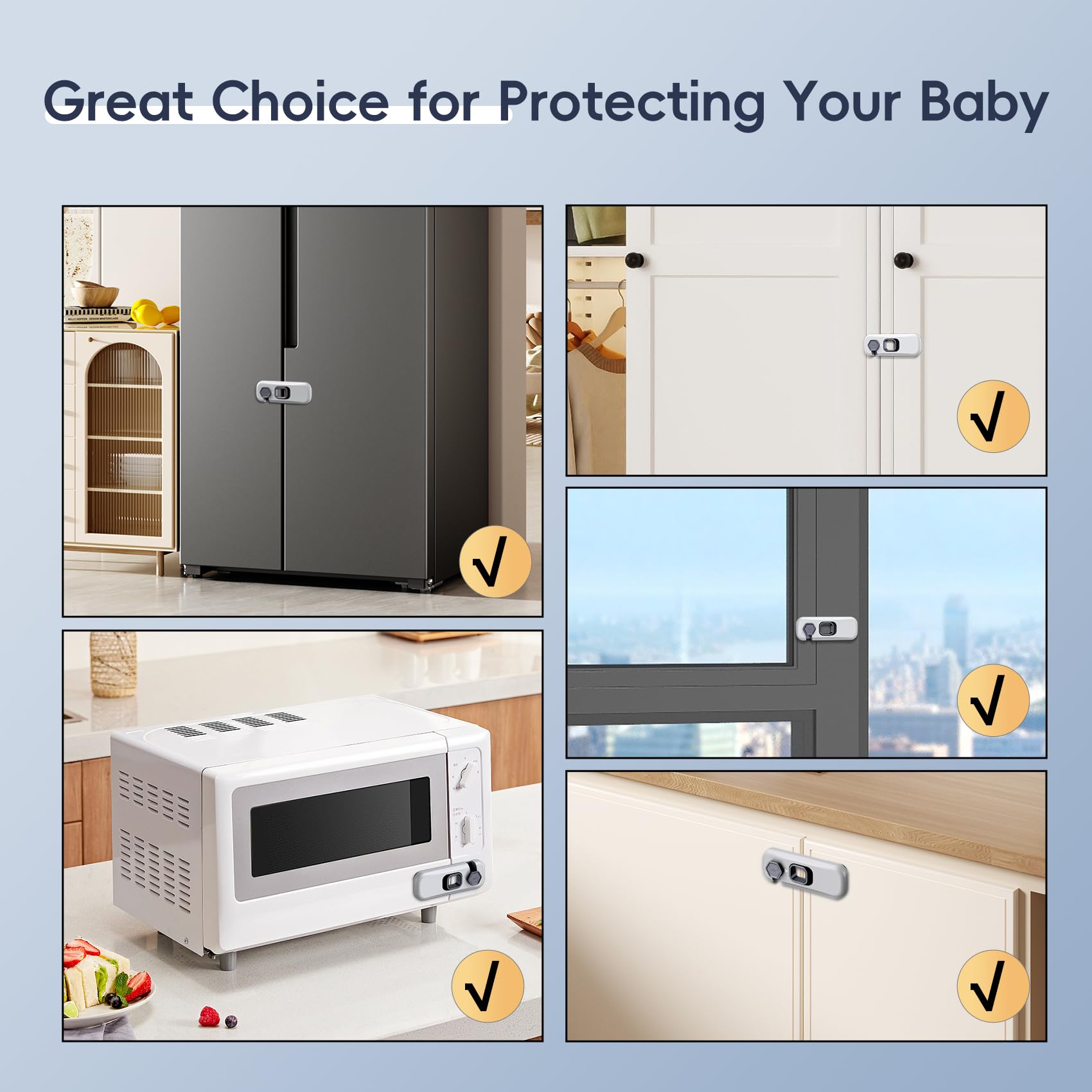 5 Pack Child Proof Refrigerator Lock - Strong Adhesive Baby Safety Locks for Fridge, Oven, Cabinets & RV - Easy Install Grey Child Safety Locks (Perfect for Kitchen, Nursery & Travel Use)