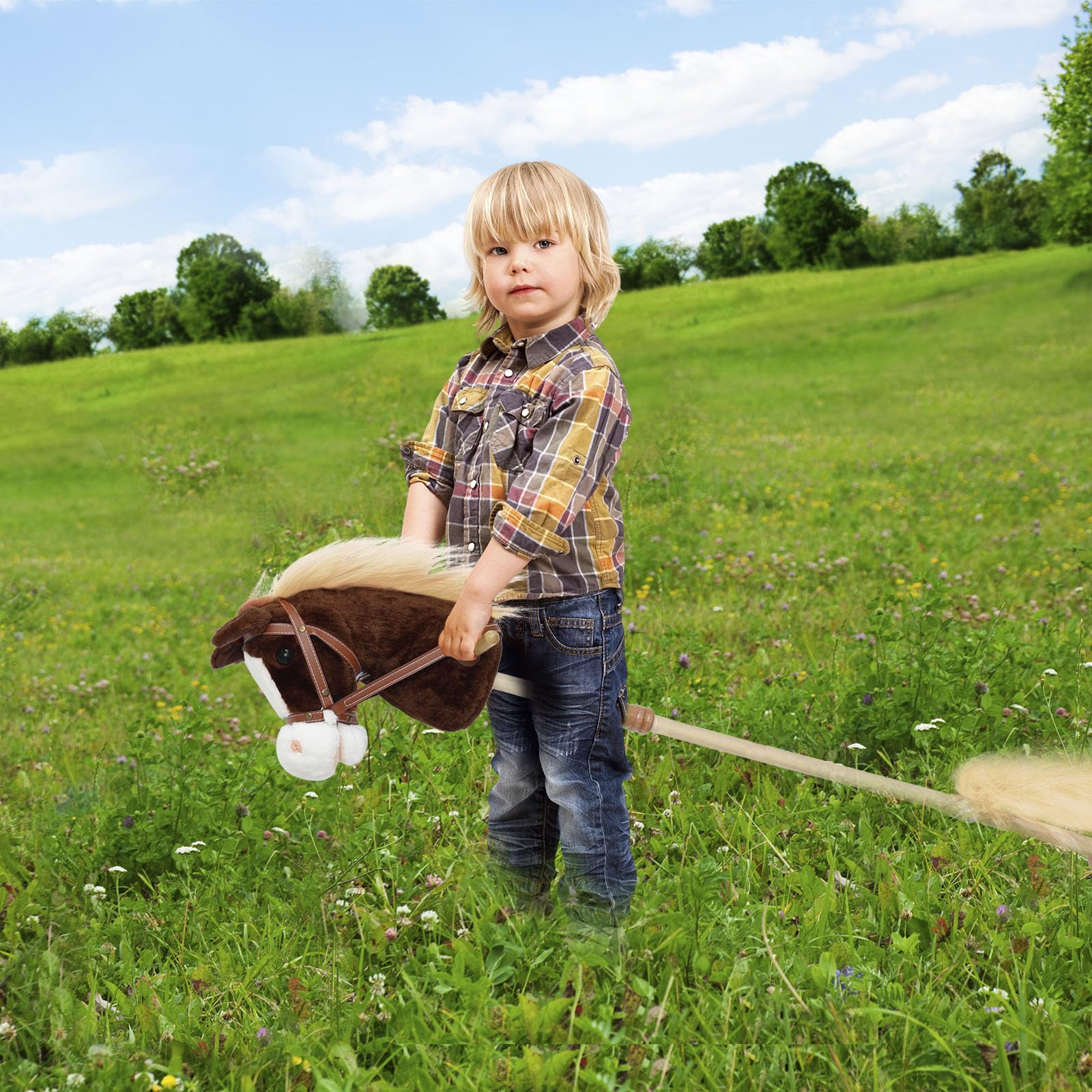 Realistic Plush Stick Horse Toy with Wooden Wheels & Galloping Sounds - Fun Pretend Play for Toddlers & Preschoolers (AA Batteries Included) - Perfect for Birthday Gifts, Outdoor Play & Imaginative Role-Playing Games
