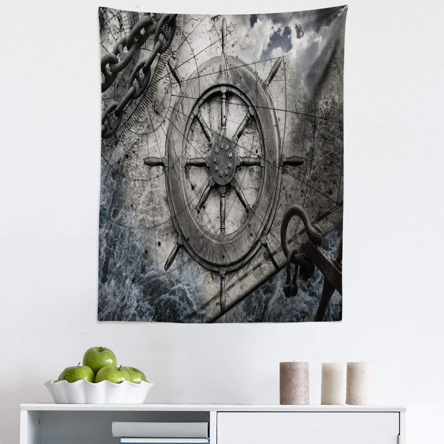 Ambesonne Nautical Ships Wheel Tapestry - Vintage Navigation Equipment Wall Art with Steering Helm, Charts & Anchor Chains - 23x28 Inch Charcoal Grey Fabric Wall Hanging for Bedroom, Living Room, Dorm | Perfect for Coastal Decor, Beach House Theme & Sailor Inspired Interiors