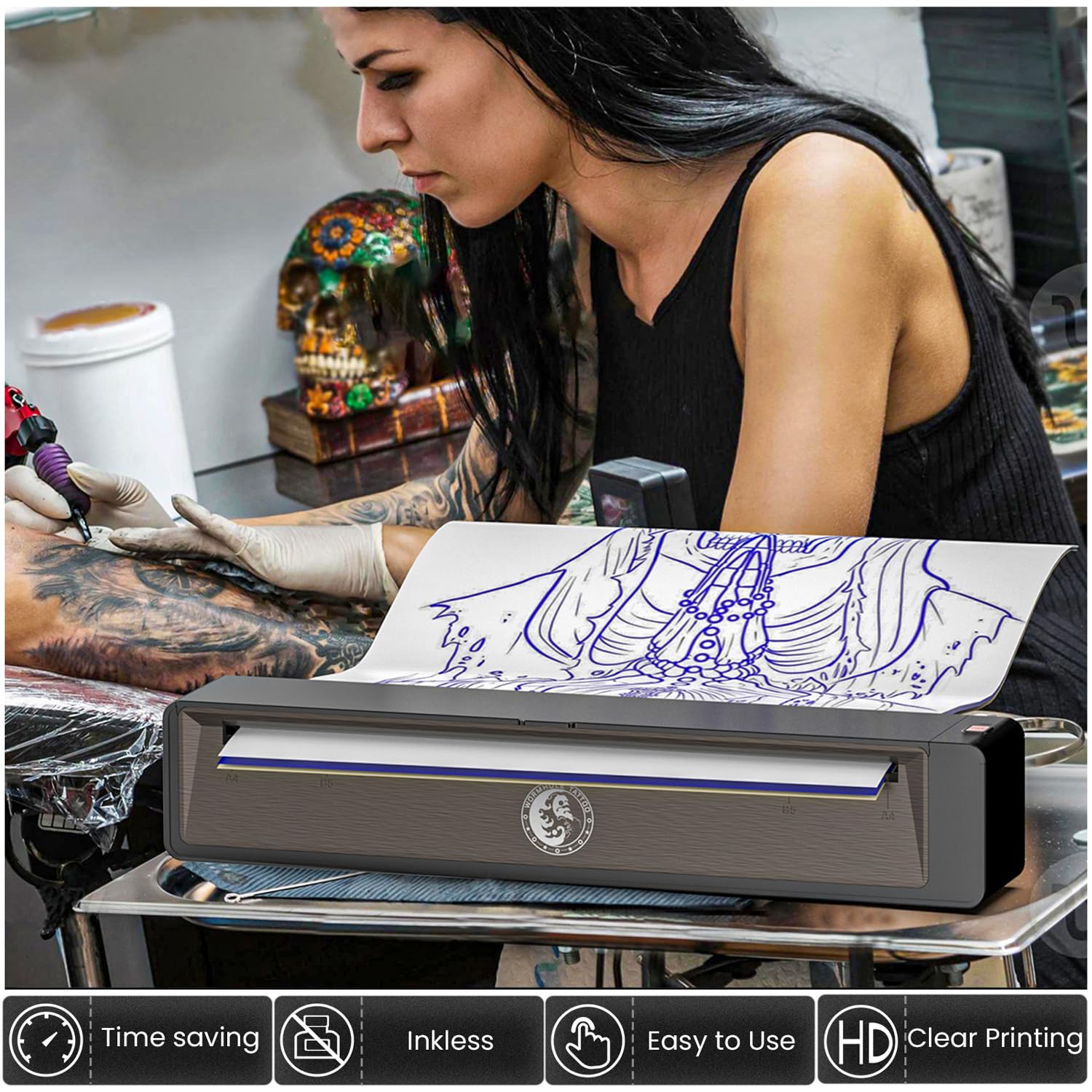 Wireless Bluetooth Tattoo Stencil Printer - 2,500mAh Portable Tattoo Machine for Artists & Beginners | Compatible with iPhone, Android & PC | Dark Gray | Perfect for Tattoo Studios, Home Practice & Professional Tattoo Designs