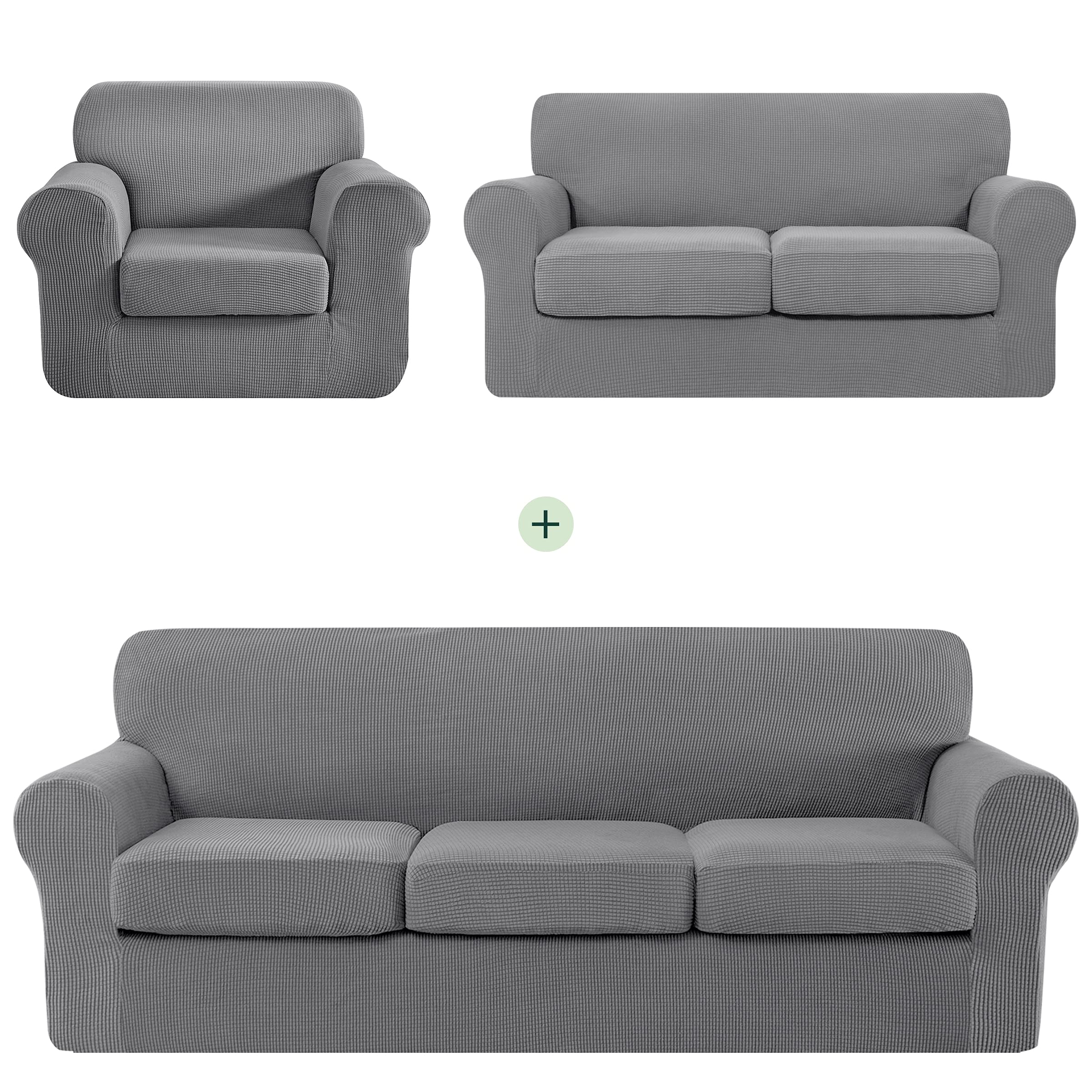 CHUN YI Stretch Sofa Slipcover Set - 3-Piece Couch, Loveseat & Armchair Cover in Light Gray | Fits 1, 2 & 3-Seater Settees | Separate Cushion Covers Included | Perfect for Living Room, Family Room & Home Decor