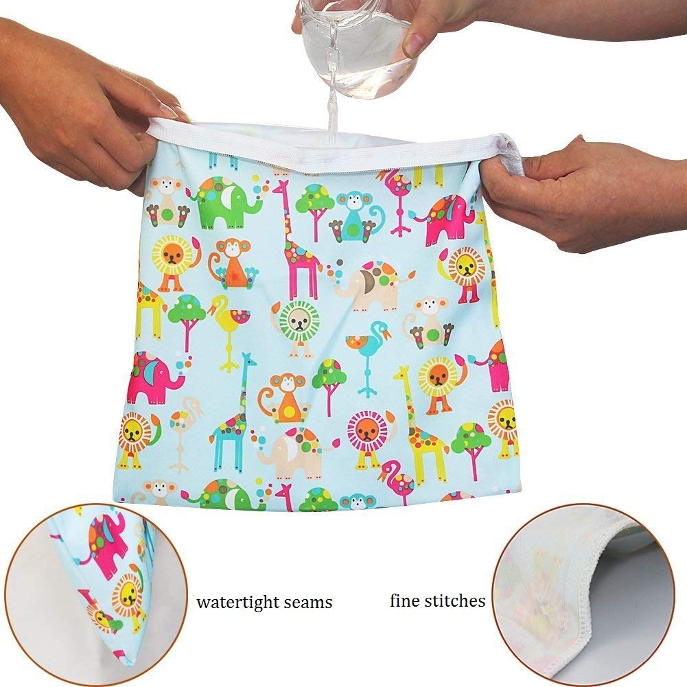 iZiv 3 Pack Waterproof Reusable Wet/Dry Diaper Bag Organizer - Double Zipper Baby Diaper Pouch for Travel, Daycare & On-the-Go Parents (Cute Printed Design)
