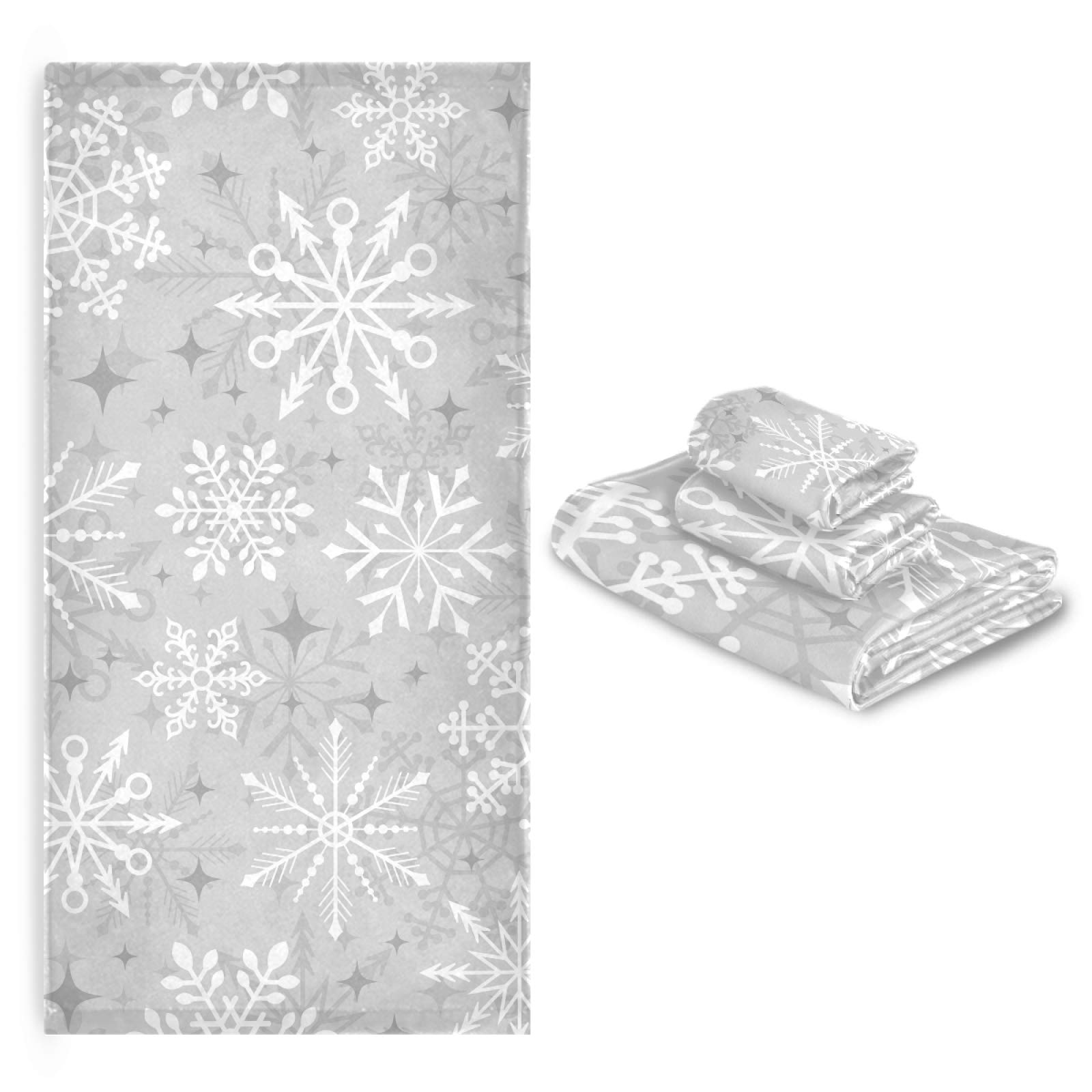 ALAZA Christmas Silver Snowflake Bath Towel Set - 3-Piece Soft Highly Absorbent Towels (1 Bath, 1 Hand, 1 Washcloth) for Bathroom, Kitchen, Beach, Gym & Spa - Holiday Home Decor & Gift Idea