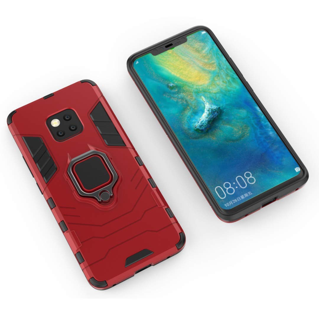 Shockproof Rugged Dual Layer Hard Case with Metal Ring Grip & Kickstand for Huawei Mate 20 Pro - Compatible with Magnetic Car Mount (Red) | Perfect for Outdoor Activities, Daily Protection & Hands-Free Viewing