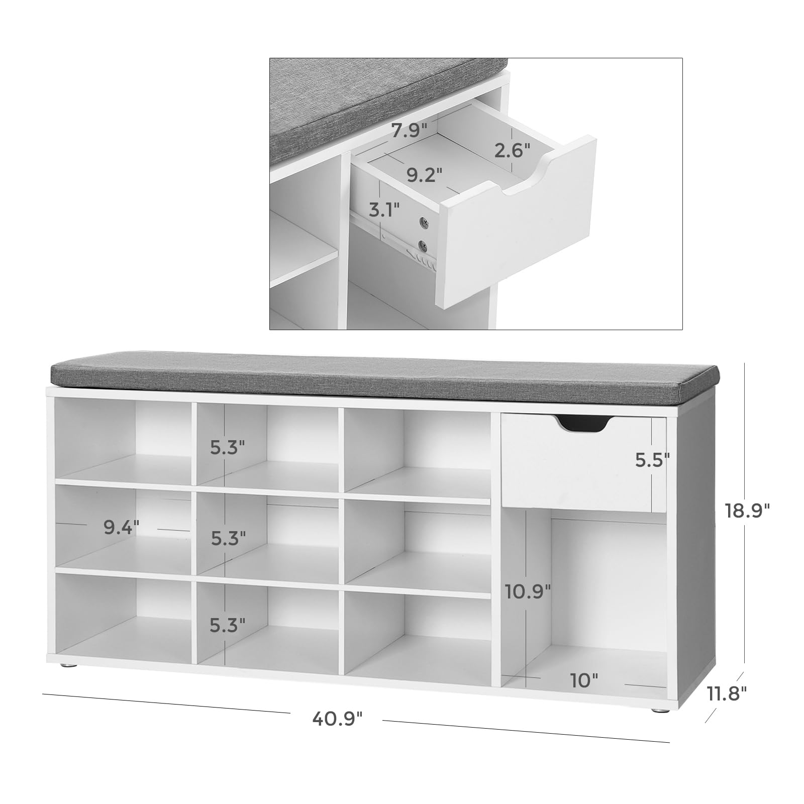 VASAGLE Storage Bench with Cushion, Entryway Bench with Drawer & Open Compartments, Multi-Purpose Storage Seat for Living Room, Bedroom, Closet - White & Gray ULHS24WT | Perfect for Small Space Organization & Entryway Seating