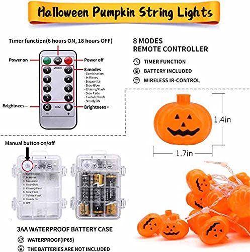 Halloween LED Pumpkin String Lights - 3D Waterproof Orange Jack-O-Lantern with 20 LEDs & 8 Lighting Modes | Battery Operated Indoor/Outdoor Decor for Parties, Porch, Yard, and Holiday Celebrations