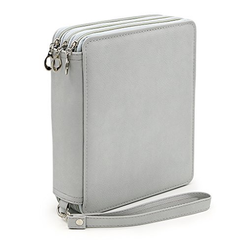 BTSKY Deluxe PU Leather Pencil Case for Colored Pencils - 120 Slot Large Capacity Pencil Holder with Handle Strap, Portable Art Supply Organizer for Artists, Students & Office Use (Grey) - Perfect for School, Travel & Art Classes