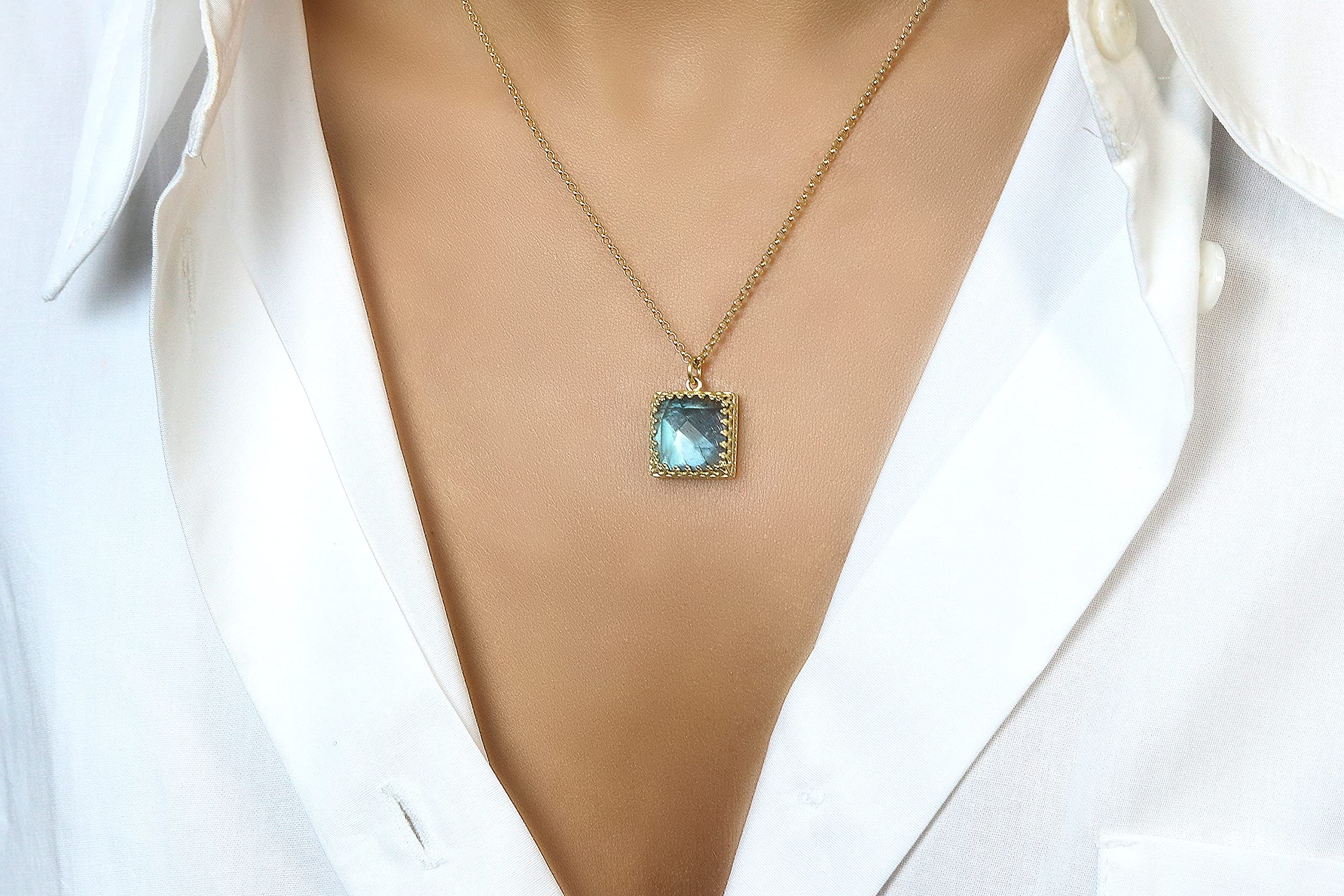 Labradorite Pendant Necklace for Women - 14k Gold Square Statement Jewelry, Handmade Anemone Design for Everyday Wear, Wedding & Layering | Elegant Gift for Her, Perfect for Office, Date Night & Special Occasions