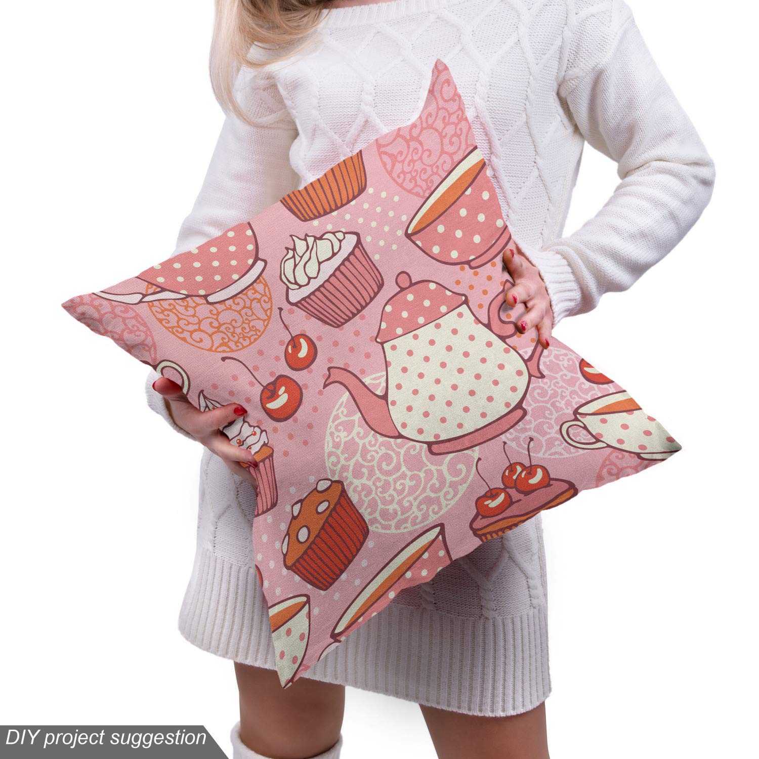 Ambesonne Cartoon Teapot & Cup Fabric by The Yard - Pink Orange Red Polka Dot Cherry Print Upholstery Material for DIY Home Decor, Curtains, Pillows (10 Yards) | Perfect for Kitchen, Living Room & Nursery Accents