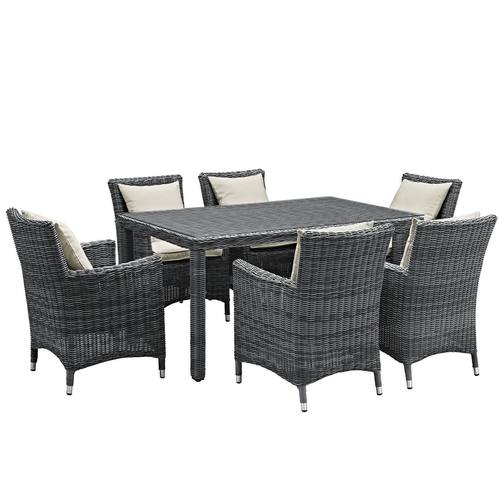 Modway Summon 7-Piece Outdoor Patio Dining Set with Sunbrella Cushions in Antique Canvas Beige - Durable Weather-Resistant Furniture for Backyard, Garden & Poolside Entertaining
