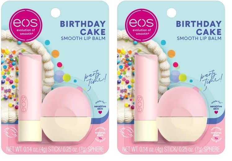 EOS Natural Shea Lip Balm - Birthday Cake Flavor, All-Day Moisture & Nourishing Lip Care, 0.39 oz (2-Pack) | Perfect for Daily Hydration, Gifts & On-The-Go Use