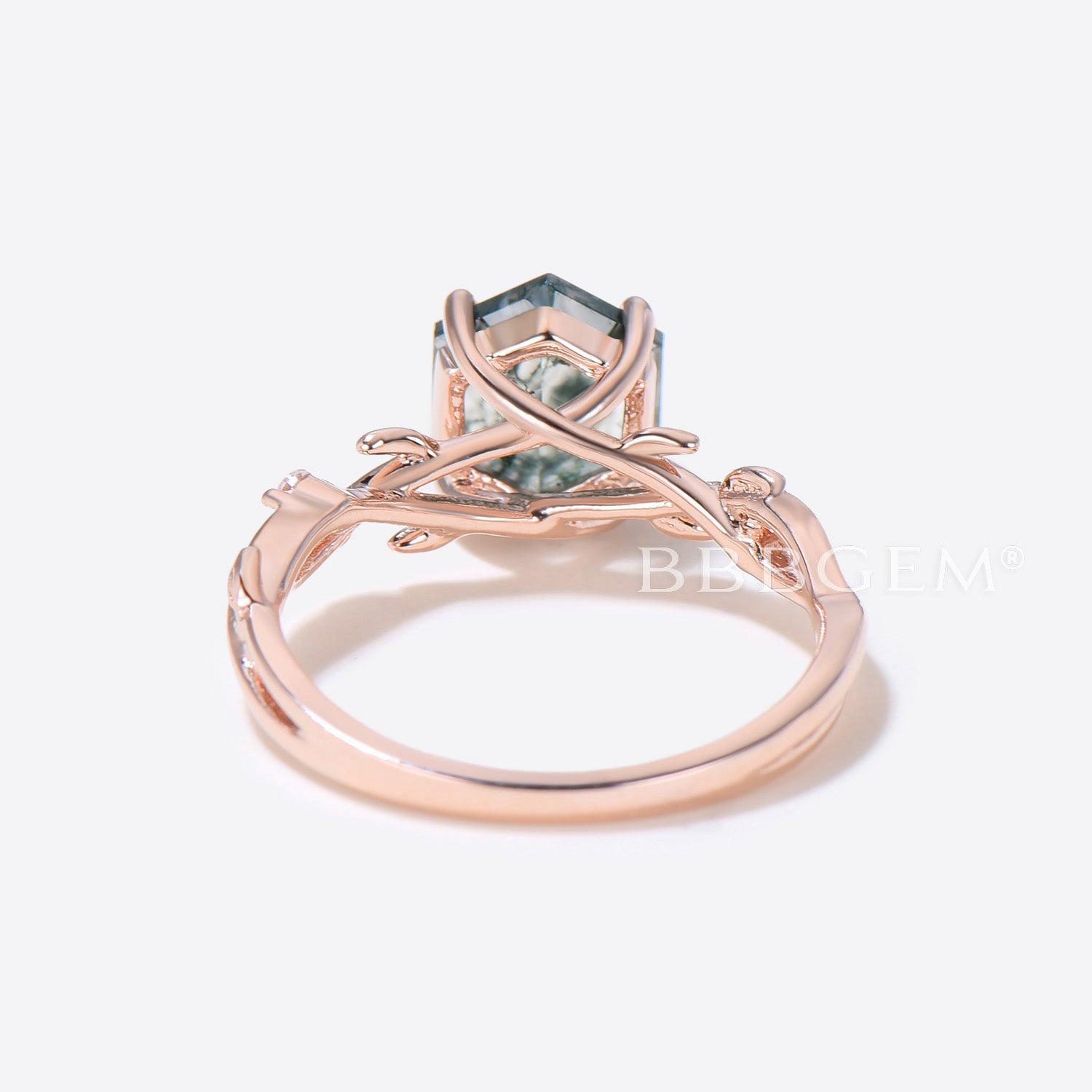 Natural Moss Agate Hexagon Cut Twig Vine Ring - Green Gemstone Jewelry for Women, Boho Style Statement Ring for Everyday Wear & Special Occasions