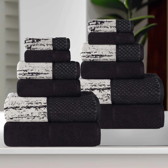 Premium 12-Piece Cotton Plush Jacquard Towel Set - Soft & Absorbent Solid & Two-Toned Bath Towels for Spa, Bathroom & Guest Use