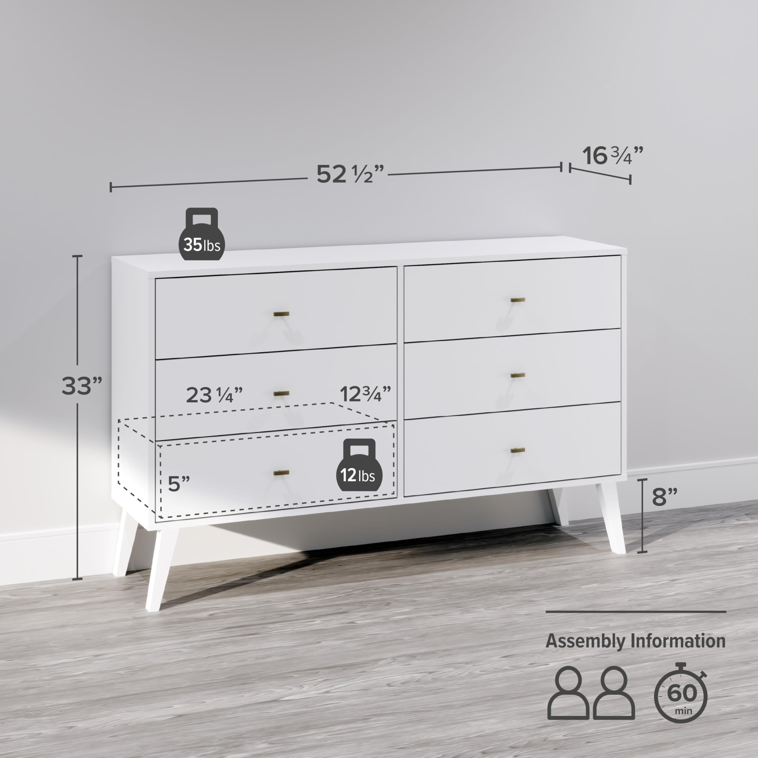 Mid-Century Modern 6-Drawer Double Dresser - Prepac Milo Wide Chest of Drawers for Bedroom, Contemporary Bedroom Furniture, 16.75