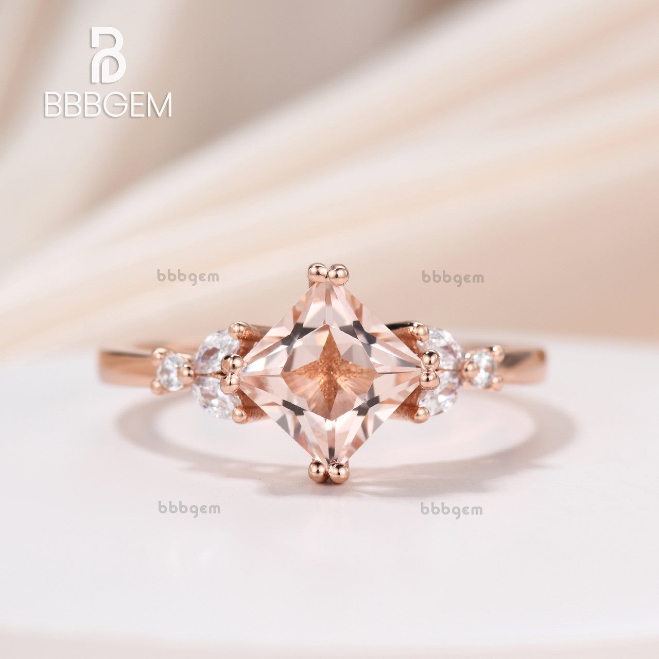 14K Rose Gold Princess Cut Peach Morganite Anniversary Ring Set - Elegant Gift for Her, Perfect for Weddings, Engagements & Special Occasions