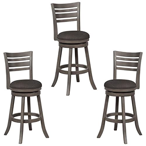 3-Piece Rubber Wood Swivel Bar Stool Set in Gray Wash - Modern Kitchen Island & Home Bar Stools for Dining & Entertaining