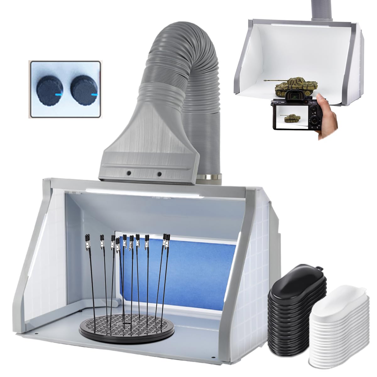 OPHIR Dual Fans Airbrush Spray Booth Kit with Adjustable Airflow & 3 LED Lights - Includes White Photography Paper, 10 Coloring Clips & 30 Speed Shape Vinyl Decals - Perfect for Hobby, Model Car Painting & Craft Projects - Ideal for Artists, DIY Enthusiasts & Airbrush Professionals