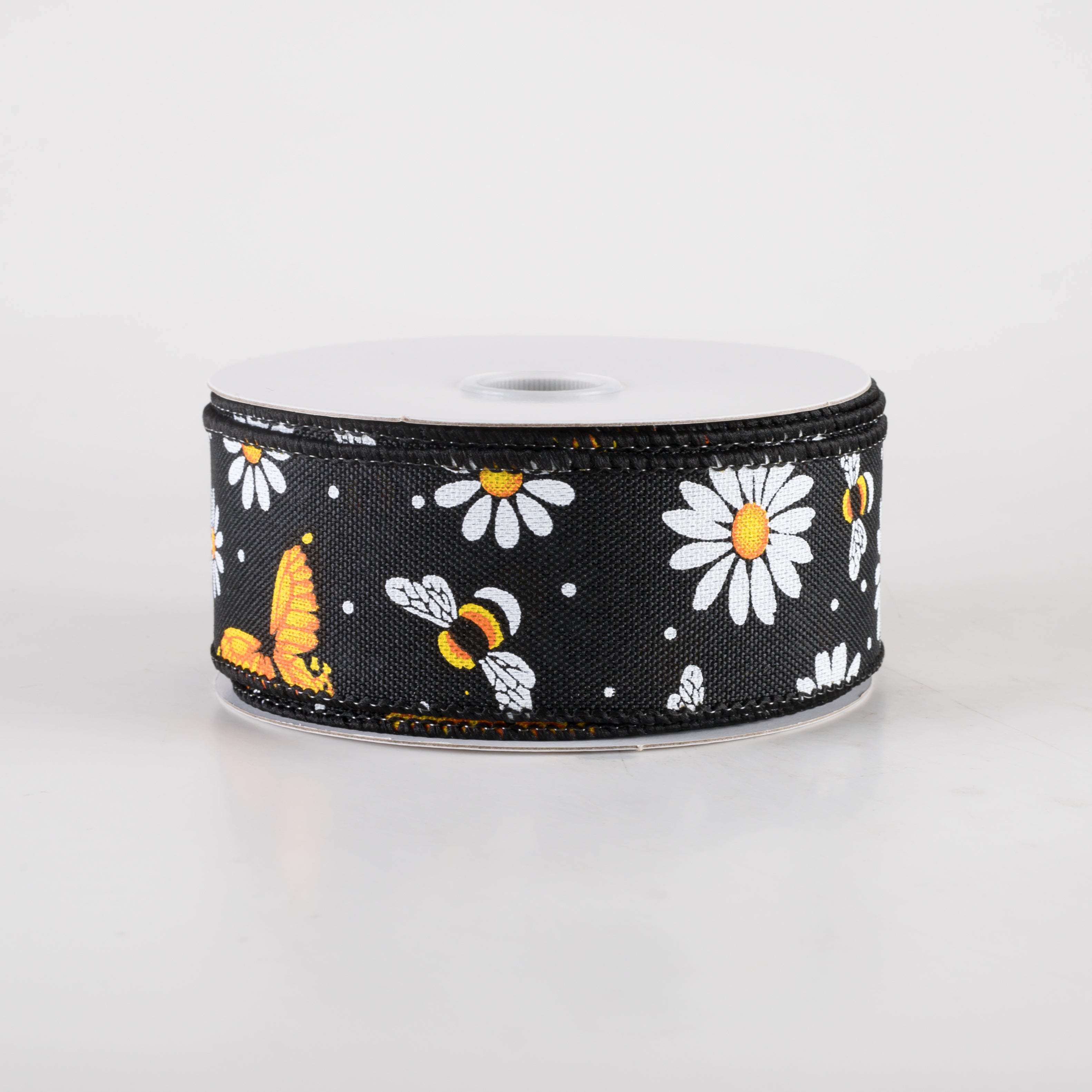 1.5 Inch Linen Butterfly Bees Daisies Ribbon - Black (10 Yards) for DIY Crafts, Gift Wrapping, and Scrapbooking