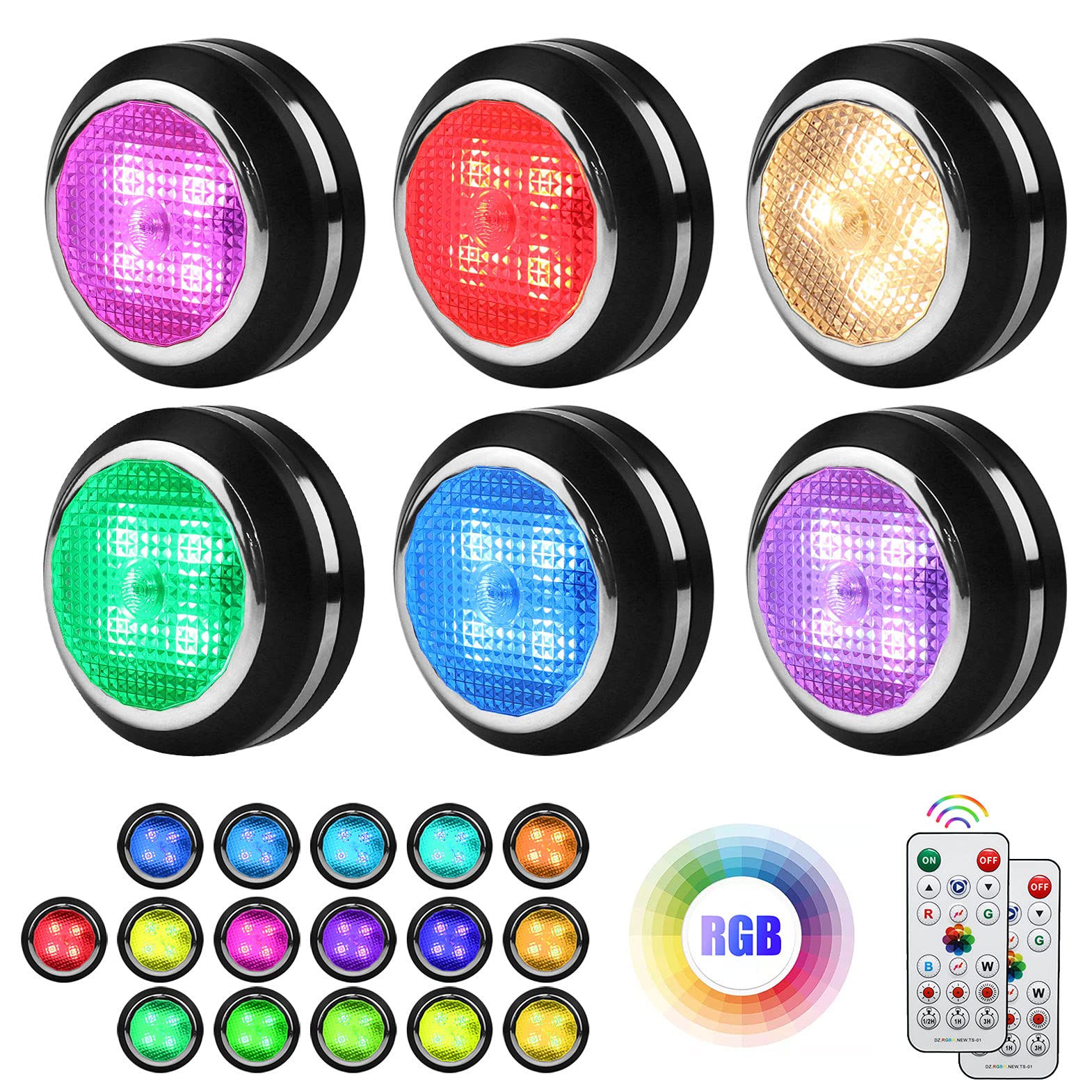 MFOX 6-Pack Under Cabinet LED Puck Lights with Remote Control - Dimmable Wireless Battery Lights for Kitchen, Closet & Bedroom - Color Changing Ceiling Light with Timer for Home Decor & Ambiance