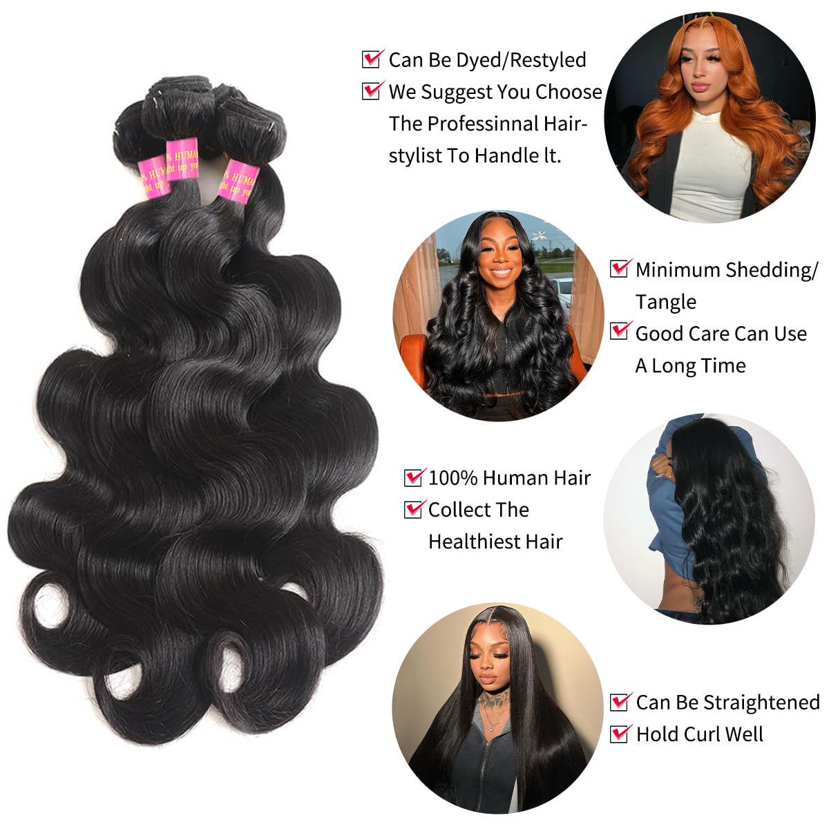 100% Unprocessed Brazilian Virgin Human Hair Bundles 14A Body Wave - 20 22 24 26 Inch (4 Bundles) - Natural Black Color for Hair Extensions & Styling - Perfect for Daily Wear, Parties & Special Occasions