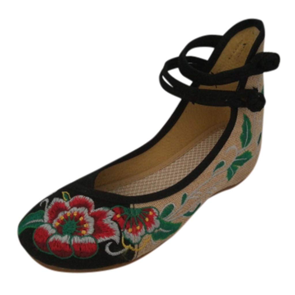 Double Canvas Embroidered Ankle Strap Women's Shoes - Black Size 5 | Comfortable & Stylish Business Casual Shoes for Women | Perfect for Office, Dating & Daily Wear