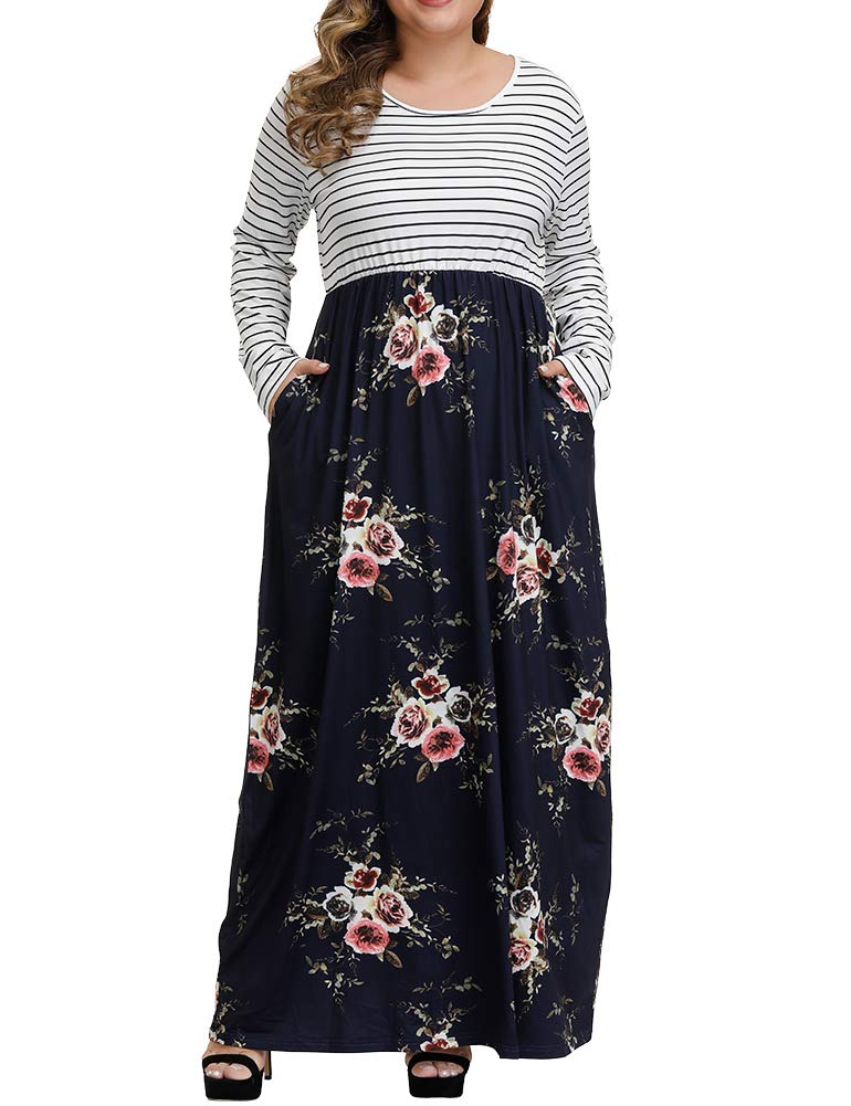 ALLEGRACE Plus Size Floral Print Maxi Dress for Women - Elegant Casual Summer & Fall Dresses with Pockets | Perfect for Beach Vacations, Date Nights & Office Wear