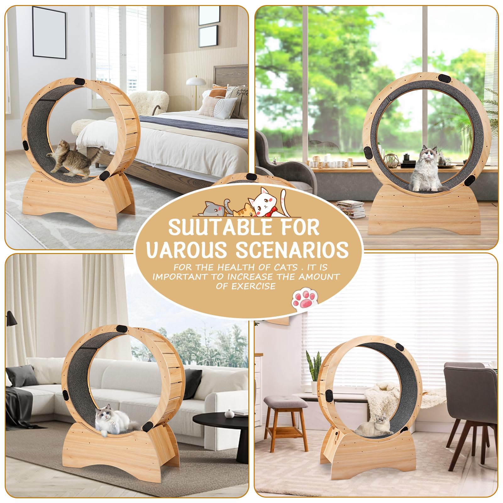 Premium Solid Wood Cat Exercise Wheel - Natural Oak Pet Running Wheel for Weight Loss & Daily Fitness - Fun Spinning & Scratching Activity Toy for Indoor Cats