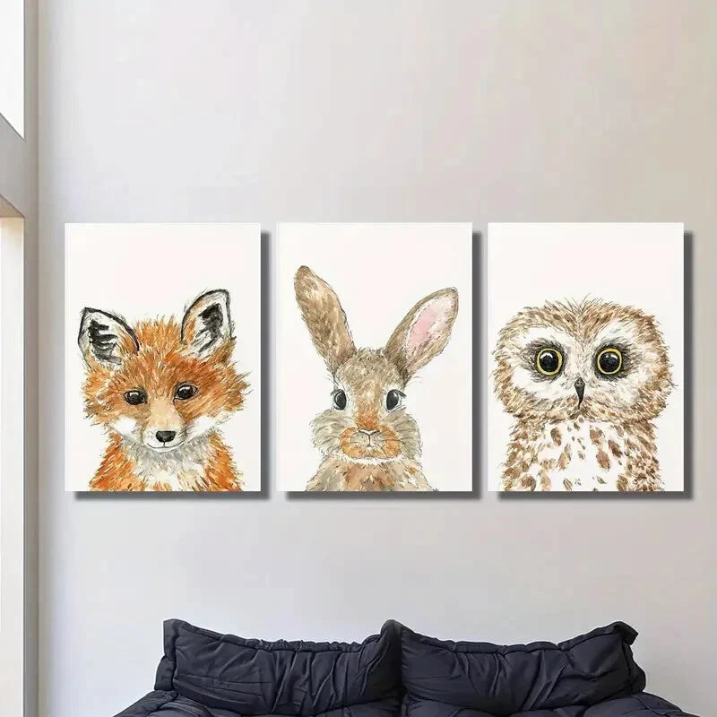 3-Piece Woodland Animal Metal Wall Art Set - Fox, Rabbit & Owl Prints - Ready to Hang Home Decor for Nursery, Living Room & Office