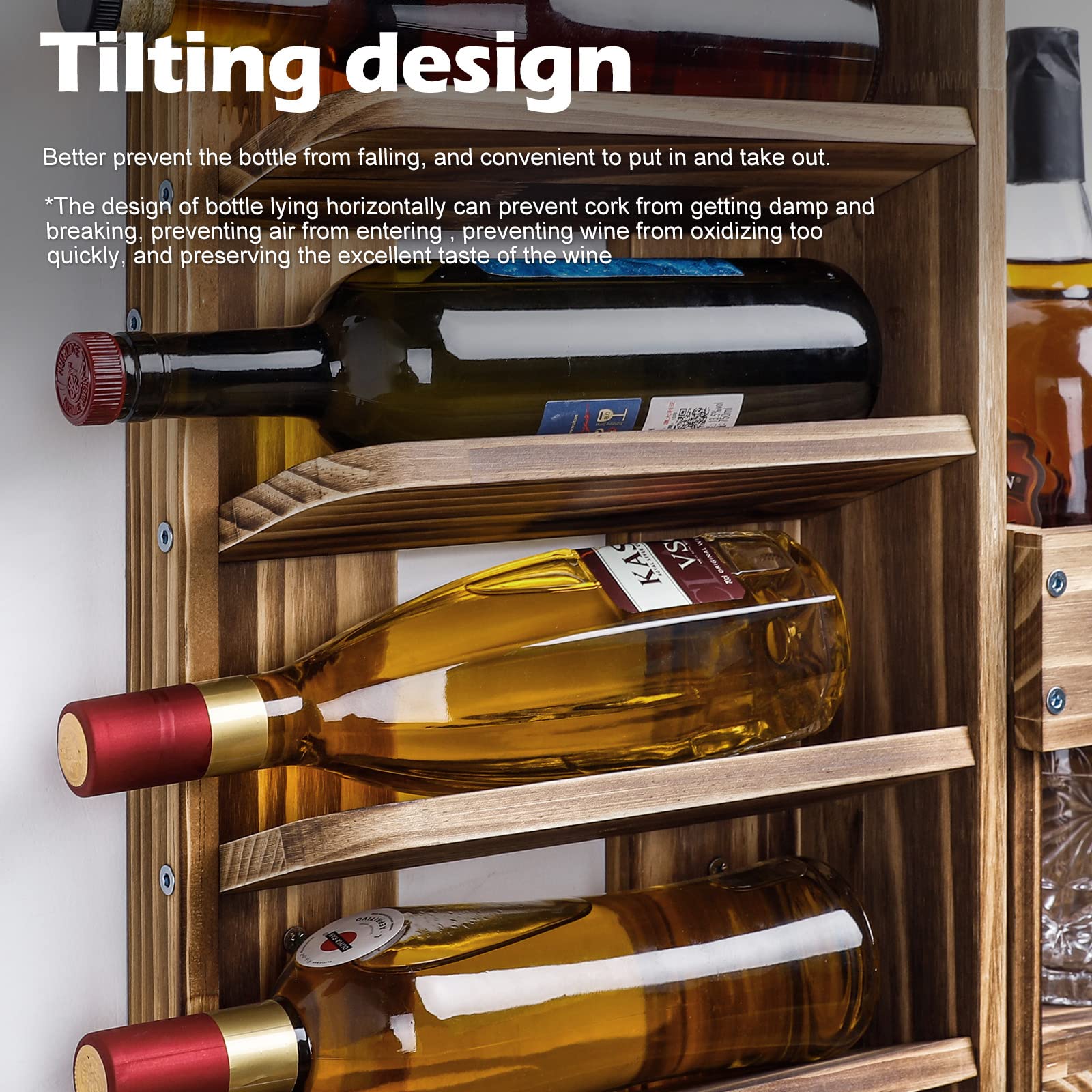 Wall Mounted Wood Wine Rack with Bottle & Stemware Holder - Rustic Whiskey Display Storage with Cork Compartment for Home Bar, Kitchen Decor | Perfect for Wine Enthusiasts & Entertaining Guests