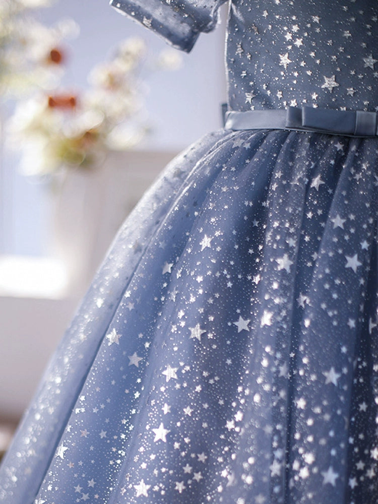 Blue Princess Round Tulle Flower Girl Dress - Elegant Baptism, First Communion & Wedding Party Attire