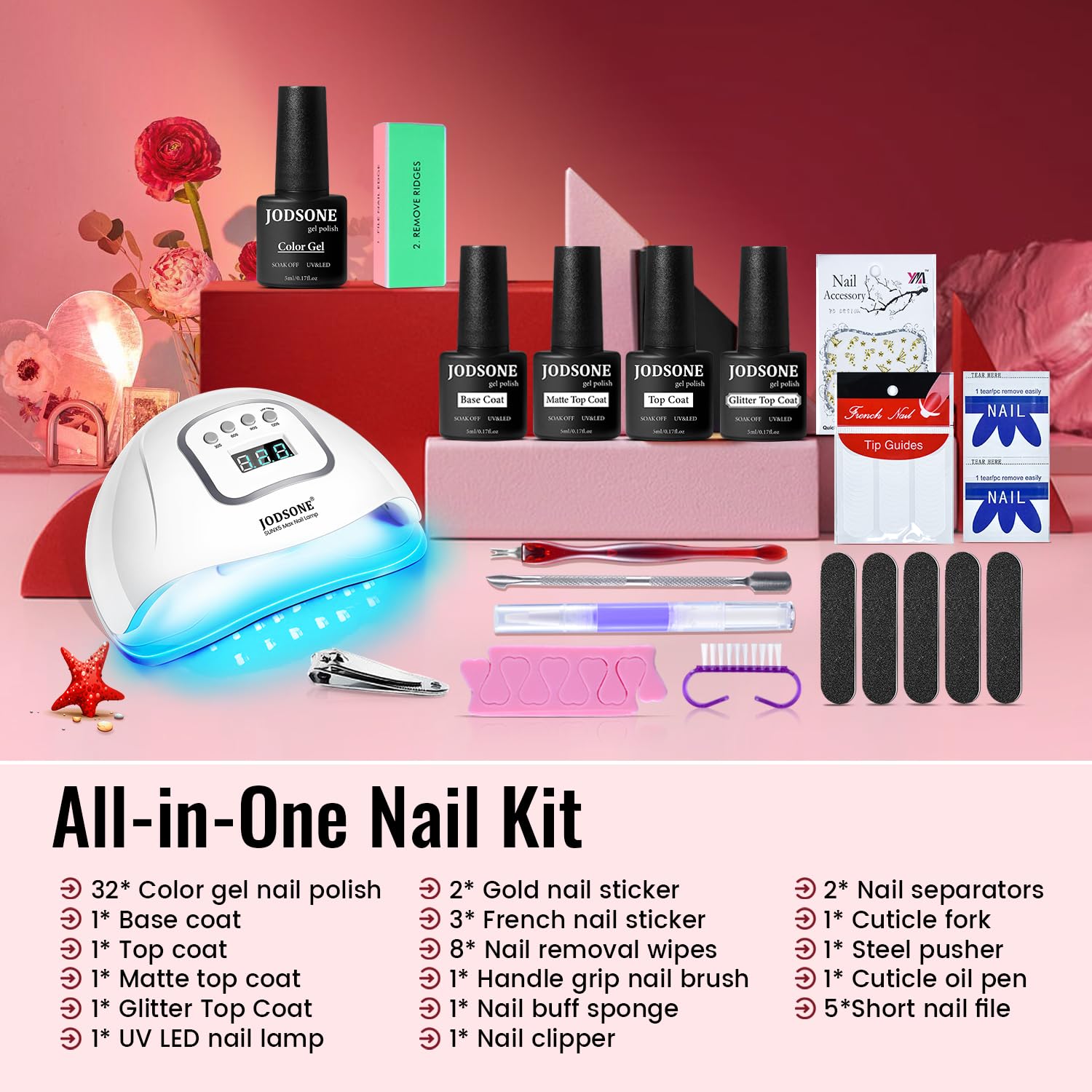 JODSONE 32 Colors Gel Nail Polish Kit with UV Light - 4 Functional Adhesive Bottles, Soak Off Manicure Tools Set for Women | DIY Home Nail Art, Salon Quality Manicure, Perfect Gift for Birthday & Valentine's Day