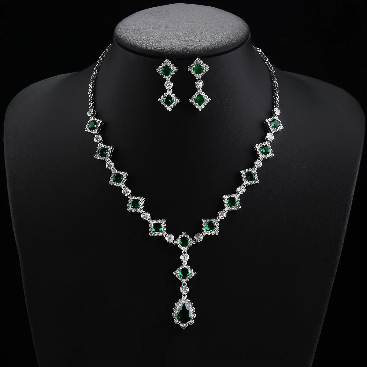 Luxury Women's Zirconia Necklace & Earrings Set - Silver Tone Pink & Green Bridal Jewelry for Wedding, Party & Special Occasions CN11065