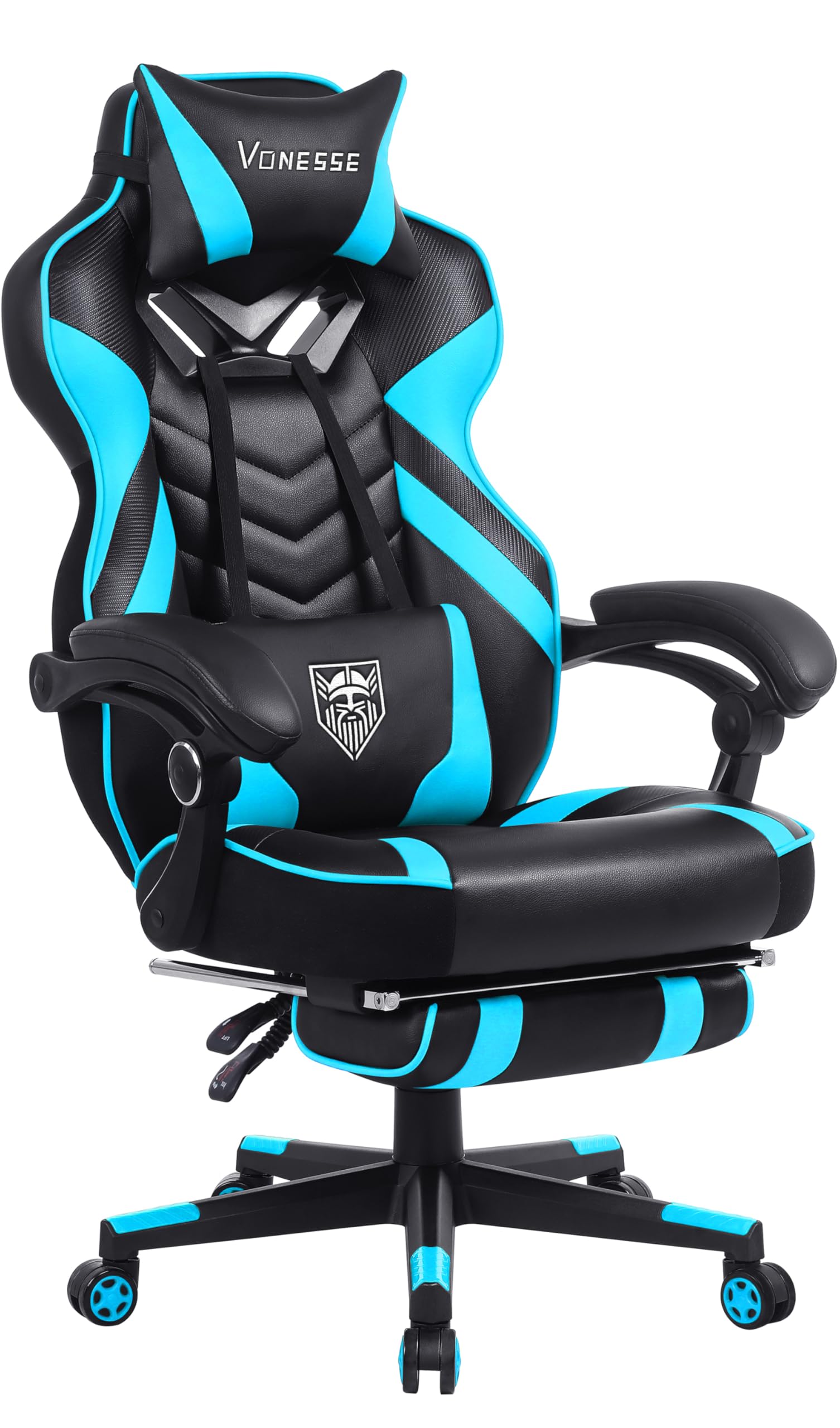 Vonesse Ergonomic Gaming Chair for Adults - High Back Computer Chair with Adjustable Footrest & Lumbar Massage, Reclining Office & Gaming Chair for Big & Tall Users (Cyan/Black) - Perfect for PC Gaming, Home Office & Esports Setup