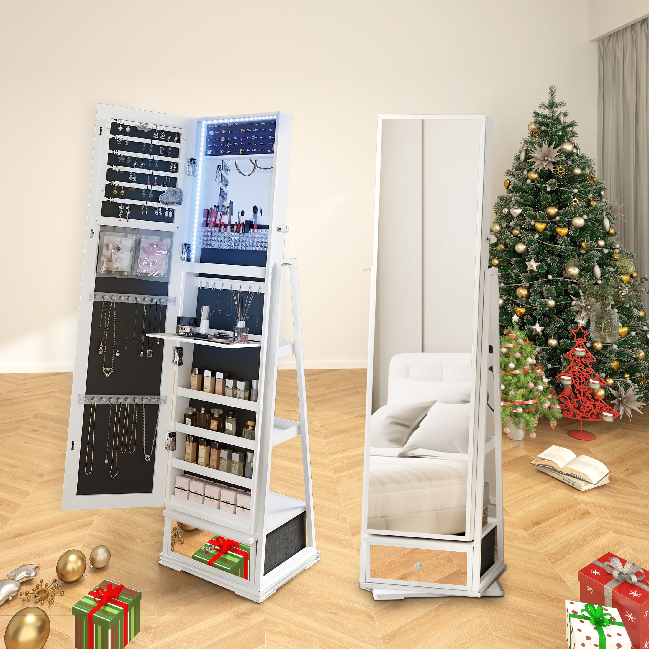 360° Swivel Jewelry Armoire with Full-Length LED Mirror - Lockable Standing Jewelry Cabinet with Rotating Shelves for Bedroom & Cloakroom Organization (White) | Perfect for Jewelry Storage, Vanity Dressing & Closet Organization