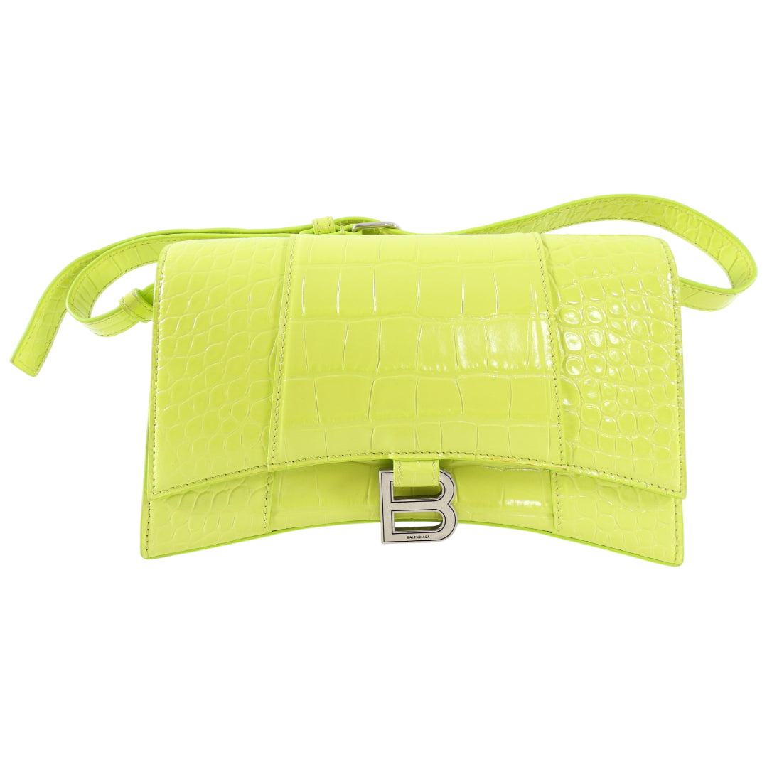Balenciaga Neon Lime Green Shiny Croc-Embossed Hourglass Shoulder Bag for Women | Luxury Designer Handbag for Evening Parties, Night Out & Fashion Events