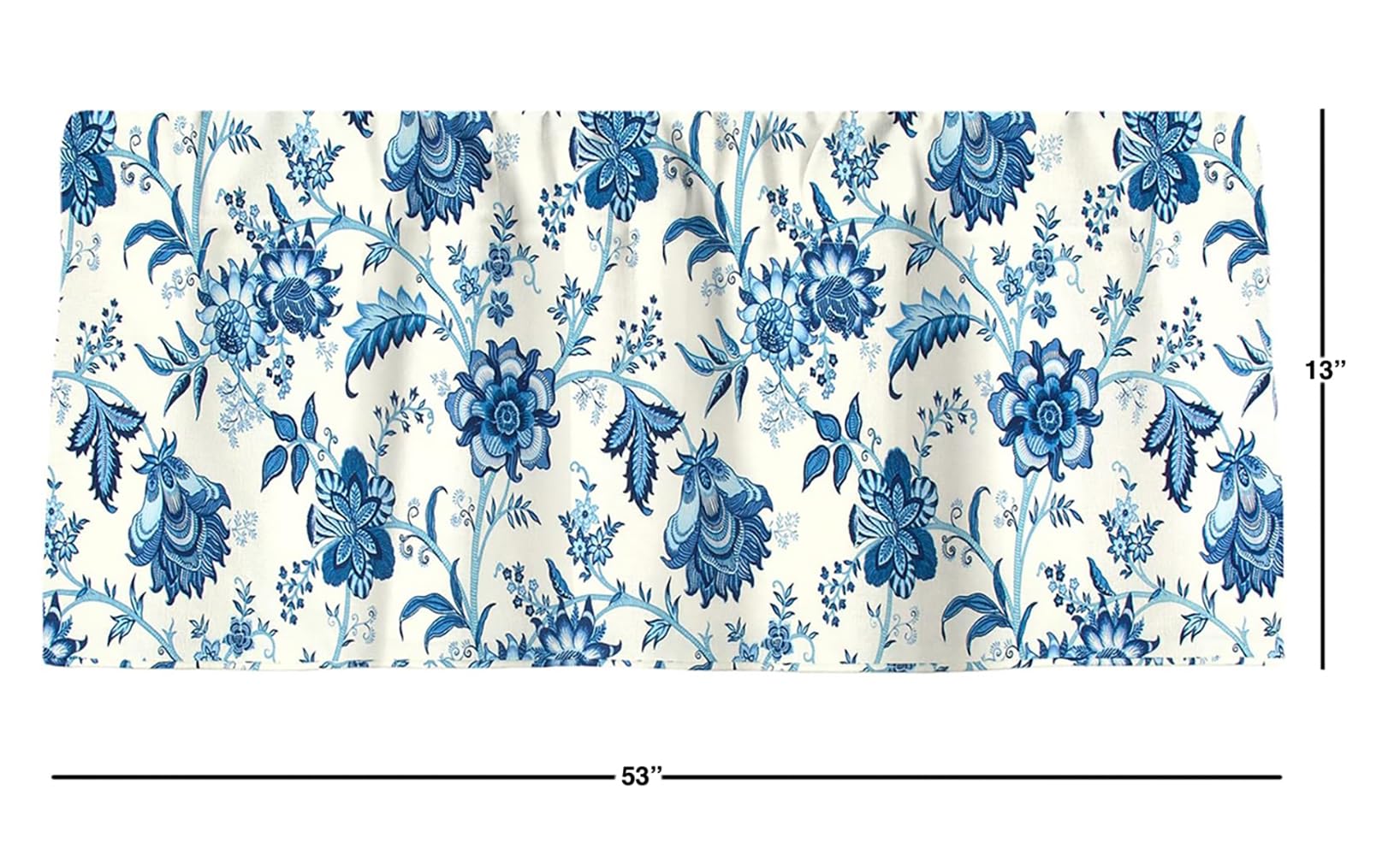 Blue and Off White Floral Valance Curtains - 53x13 Inch Rod Pocket Window Treatments for Kitchen & Living Room Decor - Elegant Home & Office Window Coverings