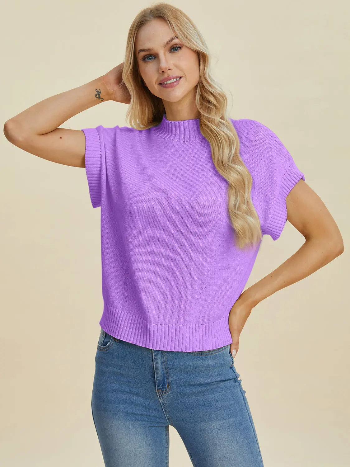 Double Take Full Size Mock Neck Short Sleeve Sweater for Women - Soft Knit Pullover Top for Casual Wear & Office Outfits | Perfect for Fall & Winter Layering